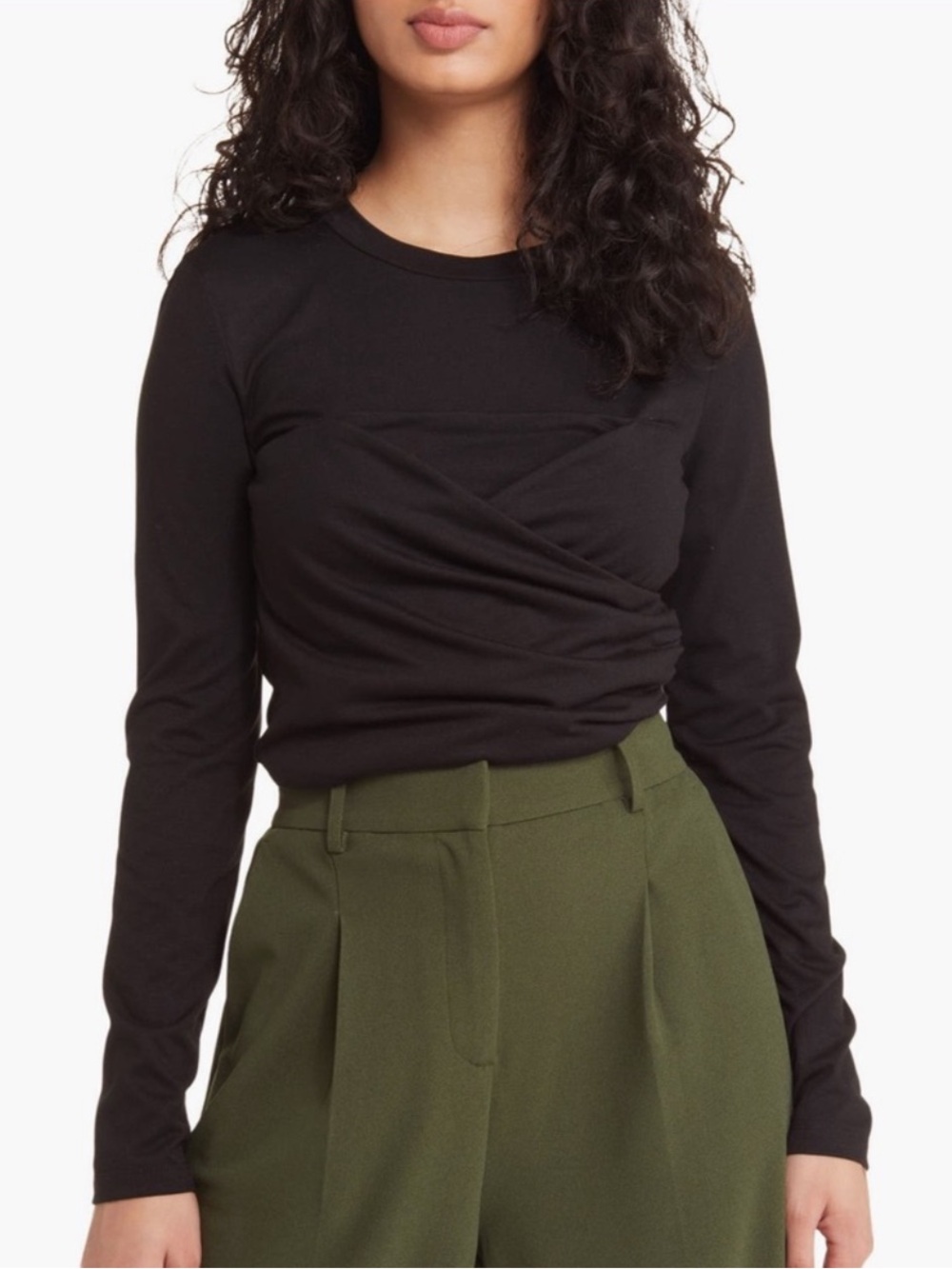 Vero Moda Nelly Corset Draped Front Crew Neck Long Sleeve Blouse, Black, Sz L